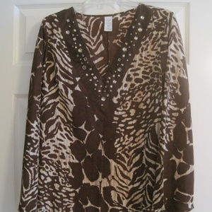 AVON BROWN AND BEIGE ANIMAL PRINT BELL SLEEVE TOP